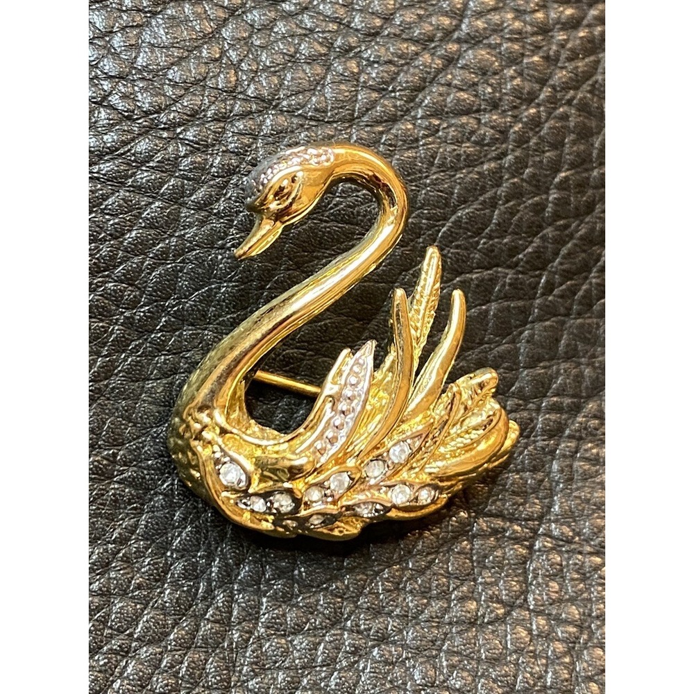 VNTG Swan W/Clear White Rhinestone Silver & Gold Tone Signed Marvella Brooch Pin